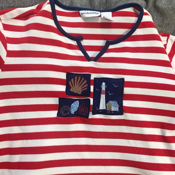 Nautical Red Striped Breckenridge V Neck T Shirt Navy Blue Trim Patches MEDIUM - Picture 4 of 11